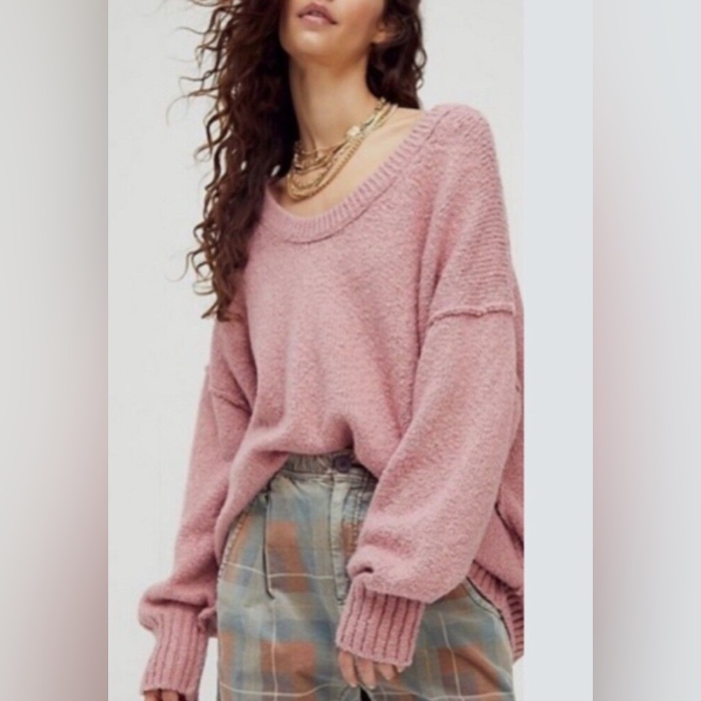 FREE PEOPLE brookside tunic sweater rose pink scoop neck oversized small